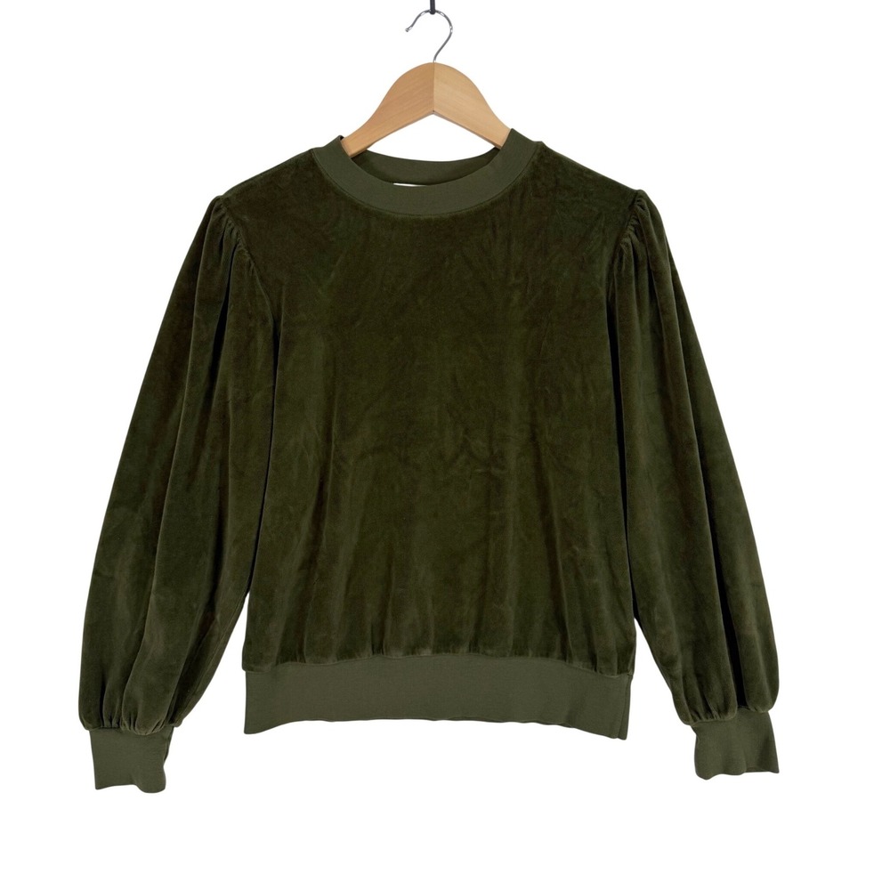 Suzie Kondi Sweatshirt Womens Small Olive Green Velour Puff Sleeve Crew Neck